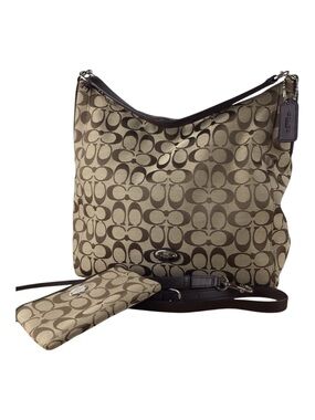 Coach Signature Jacquard Hobo Crossbody Bag & Matching Wristlet Khaki Brown Set